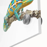 Close-up view of a vibrant chameleon wall art piece, showcasing detailed acrylic glass design with bright colors and intricate patterns, perfect for reptile enthusiasts.