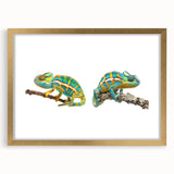 Chameleon-themed wall art collection featuring a vibrant design, elegantly framed in gold with a mat, perfect for enhancing home decor. Ideal for reptile enthusiasts.