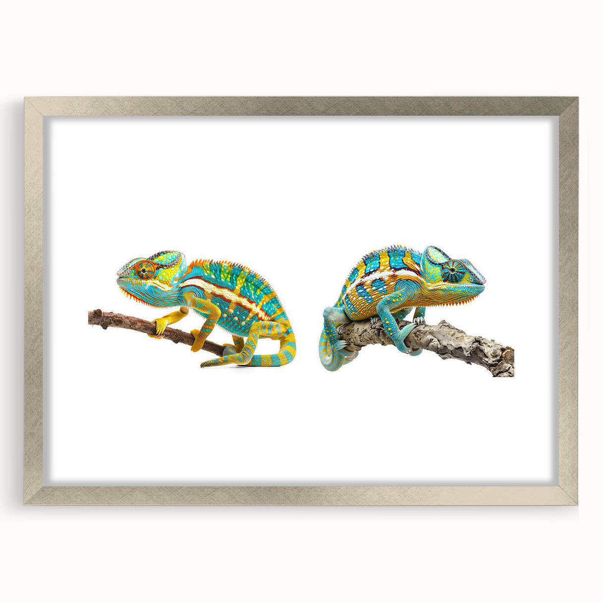 Chameleon-themed wall art collection frame in silver, showcasing vibrant colors and intricate designs, perfect for reptile enthusiasts and home decor.