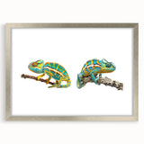 Chameleon-themed wall art collection frame in silver, showcasing vibrant colors and intricate designs, perfect for reptile enthusiasts and home decor.