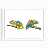 Stylish wall art featuring a vibrant chameleon design, framed in white with a mat, perfect for adding a pop of color to any modern decor. Ideal for reptile lovers and nature enthusiasts.