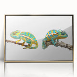 Framed wall art featuring a vibrant chameleon design in acrylic with a gold frame, perfect for adding a colorful touch to modern decor. Ideal for reptile enthusiasts and nature lovers.