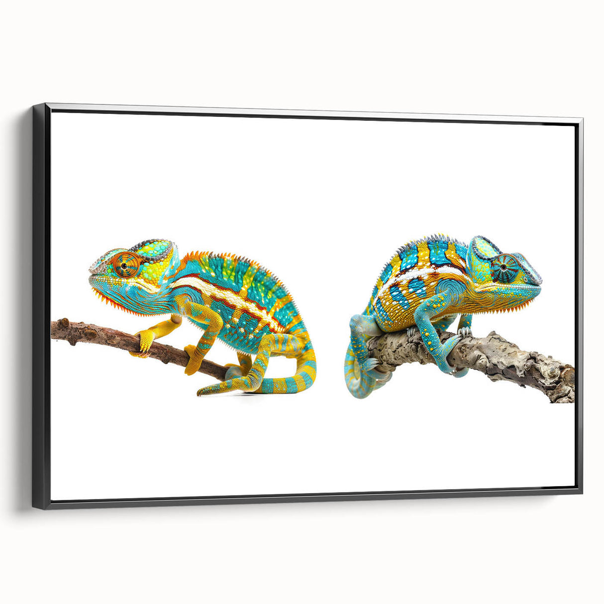 Framed wall art featuring a vibrant chameleon design on a black background, showcasing intricate details and colors, perfect for reptile lovers and home decor enthusiasts.