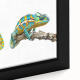 Close-up of a vibrant chameleon wall art design on framed canvas, showcasing intricate details and vivid colors, perfect for reptile enthusiasts and home decor.