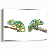 Framed wall art featuring a vibrant chameleon design on canvas, showcasing intricate colors and details, perfect for reptile enthusiasts and home decor.
