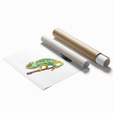 Vibrant rolled print showcasing a detailed chameleon design in bright greens and blues, perfect for reptile enthusiasts and home decor, elegantly packaged for protection.