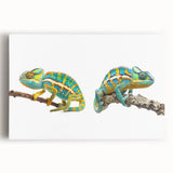 Vibrant chameleon-themed wall art design on stretched canvas, showcasing vivid colors and intricate details, perfect for reptile enthusiasts and home decor.