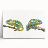 Colorful chameleon wall art on stretched canvas, showcasing vibrant greens and blues, perfect for reptile enthusiasts and modern decor. Ideal for adding a unique touch to any living space.