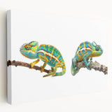 Colorful chameleon wall art on stretched canvas showcasing intricate design details, perfect for enhancing home decor with a vibrant, nature-inspired touch.