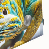 Close-up of vibrant chameleon wall art design on acrylic glass, showcasing intricate details and vivid colors, perfect for reptile enthusiasts and modern décor.