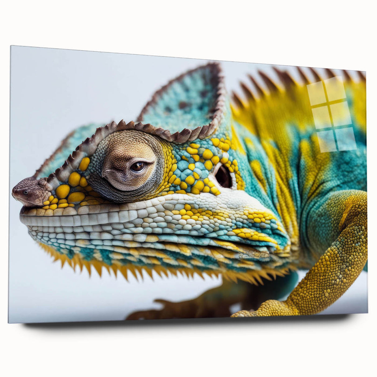 Acrylic glass wall art featuring a vibrant chameleon design in vivid colors, showcasing the intricate details and textures of the reptile, ideal for nature-themed decor.