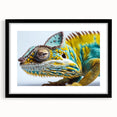 Chameleon-themed wall art framed in black with a mat, showcasing vibrant colors and detailed reptile design, perfect for adding a unique touch to any room decor.