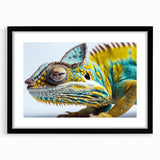 Chameleon-themed wall art framed in black with a mat, showcasing vibrant colors and detailed reptile design, perfect for adding a unique touch to any room decor.