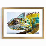 Chameleon-themed wall art collection featuring a gold frame and mat, showcasing vibrant colors and intricate details, perfect for enhancing modern decor.