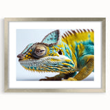 Framed wall art featuring a vibrant chameleon design in silver, showcasing intricate details and a modern aesthetic. Perfect for reptile enthusiasts and home decor.
