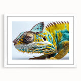 Chameleon wall art collection framed with a white mat, showcasing vibrant colors and intricate details, perfect for reptile enthusiasts and modern decor.