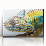 Framed wall art featuring a vibrant chameleon design in gold acrylic, showcasing intricate details and colors, perfect for enhancing modern home decor.