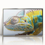 Framed wall art featuring a vibrant chameleon design with intricate details, set in a sleek silver frame, ideal for reptile enthusiasts and modern decor.