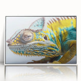 Framed wall art featuring a vibrant chameleon design in acrylic, showcasing striking colors against a white background, perfect for reptile lovers and modern decor.