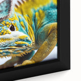 Close-up of a vibrant chameleon wall art design on framed canvas, showcasing intricate details and vivid colors, perfect for reptile enthusiasts and home decor.