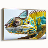 Framed wall art featuring a vibrant chameleon design in gold and green hues, showcasing the intricate details of its scales against a neutral backdrop. Ideal for reptile enthusiasts and nature lovers.