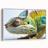 Framed canvas wall art featuring a vibrant chameleon design in shades of green and blue, displayed against a white background, ideal for reptile enthusiasts and modern decor.