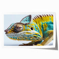 Vibrant chameleon wall art print showcasing intricate details and bold colors, presented as a rolled canvas in a protective cardboard tube for easy display.
