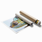 Vibrant chameleon design wall art print showcasing intricate details and bright colors, ideal for reptile lovers' home decor, rolled for easy framing.