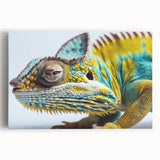 Vibrant chameleon wall art design on stretched canvas, showcasing vivid colors and intricate details, perfect for reptile enthusiasts and modern decor.