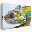 Colorful chameleon wall art on stretched canvas, showcasing intricate design details and vibrant hues, perfect for reptile enthusiasts and modern decor.