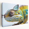 Colorful chameleon wall art on stretched canvas, showcasing intricate design details and vibrant hues, perfect for reptile enthusiasts and modern decor.