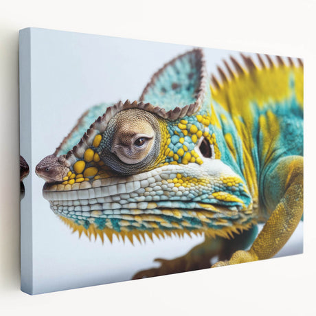 Colorful chameleon wall art on stretched canvas, showcasing intricate design details and vibrant hues, perfect for reptile enthusiasts and modern decor.