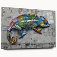 Side view of a vibrant chameleon wall art piece, showcasing a detailed acrylic glass design with colorful patterns, ideal for reptile enthusiasts' decor.