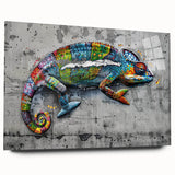 Vibrant chameleon wall art design on acrylic glass, showcasing a colorful side view with intricate details, ideal for reptile enthusiasts' decor.