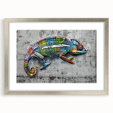 Framed chameleon wall art in silver, showcasing vibrant colors and intricate details, perfect for reptile enthusiasts and modern home decor.