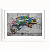 Charming wall art featuring a vibrant chameleon design, framed with a white mat, perfect for reptile enthusiasts and modern decor. Ideal for home or office display.