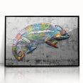 Framed wall art showcasing a vibrant chameleon design in acrylic, with a sleek black frame, perfect for adding a pop of color to modern decor.