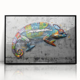 Framed wall art showcasing a vibrant chameleon design in acrylic, with a sleek black frame, perfect for adding a pop of color to modern decor.