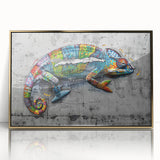 Framed wall art featuring a vibrant chameleon design with gold accents, showcasing intricate details and colors, perfect for reptile enthusiasts and home decor.