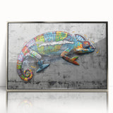 Framed acrylic wall art featuring a vibrant chameleon design with intricate details, set against a sleek silver frame, ideal for reptile enthusiasts' decor.