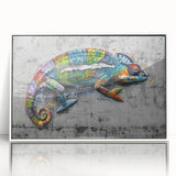 Framed wall art featuring a vibrant chameleon design in a modern acrylic frame, showcasing vivid colors and intricate details, perfect for reptile enthusiasts.