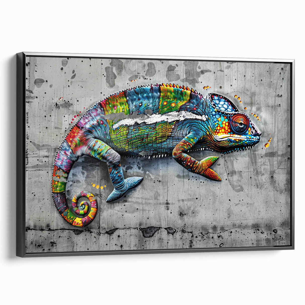 Framed wall art featuring a vibrant chameleon design on canvas, showcasing intricate colors and textures, set against a sleek black frame for modern decor.