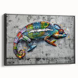 Framed wall art featuring a vibrant chameleon design on canvas, showcasing intricate colors and textures, set against a sleek black frame for modern decor.