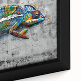 Close-up view of a vibrant chameleon design on framed canvas wall art, showcasing intricate details and vivid colors that enhance any room's decor. Ideal for reptile lovers and modern art enthusiasts.