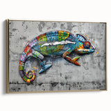 Framed wall art featuring a stunning side view of a chameleon design in vibrant colors, set against a gold background, perfect for enhancing modern decor.