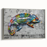 Chameleon wall art collection displayed in a sleek silver frame, showcasing vibrant colors and intricate details, perfect for enhancing modern home decor.