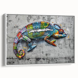 Framed wall art showcasing a vibrant chameleon design on canvas with a white background, ideal for reptile enthusiasts and modern home decor.