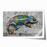 Vibrant rolled canvas print showcasing a detailed chameleon design with colorful patterns, perfect for reptile-themed decor, packaged securely in a cardboard tube.