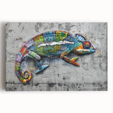 Vibrant chameleon wall art on stretched canvas, showcasing intricate details and rich colors, perfect for enhancing modern home decor or reptile enthusiasts' spaces.
