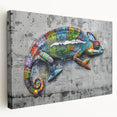 Vibrant chameleon wall art design on stretched canvas showcasing intricate details and vivid colors, perfect for reptile enthusiasts and home decor.